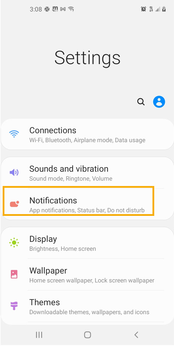 Android Settings with Notifications highlighted (App notifications, Status bar, Do not disturb)