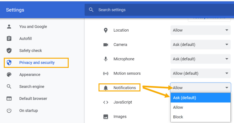 Chrome Settings > Privacy and security with the Notifications permission set to Allow (options: Ask, Allow, Block)