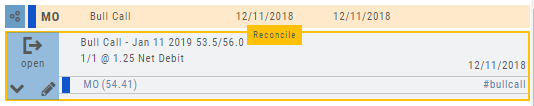Expanded trade tab showing a Reconcile chip on an expired Bull Call