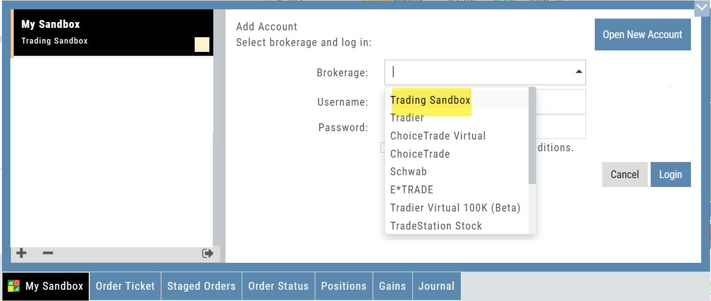 Add Account dialog with the Brokerage dropdown open and Trading Sandbox highlighted at the top of the list, above the live and virtual brokerage choices; the My Sandbox account appears with its own Order Ticket, Staged Orders, Order Status, Positions, Gains, and Journal tabs