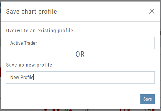 Save chart profile dialog: overwrite an existing profile (Active Trader) or save as a new profile, with the Save button