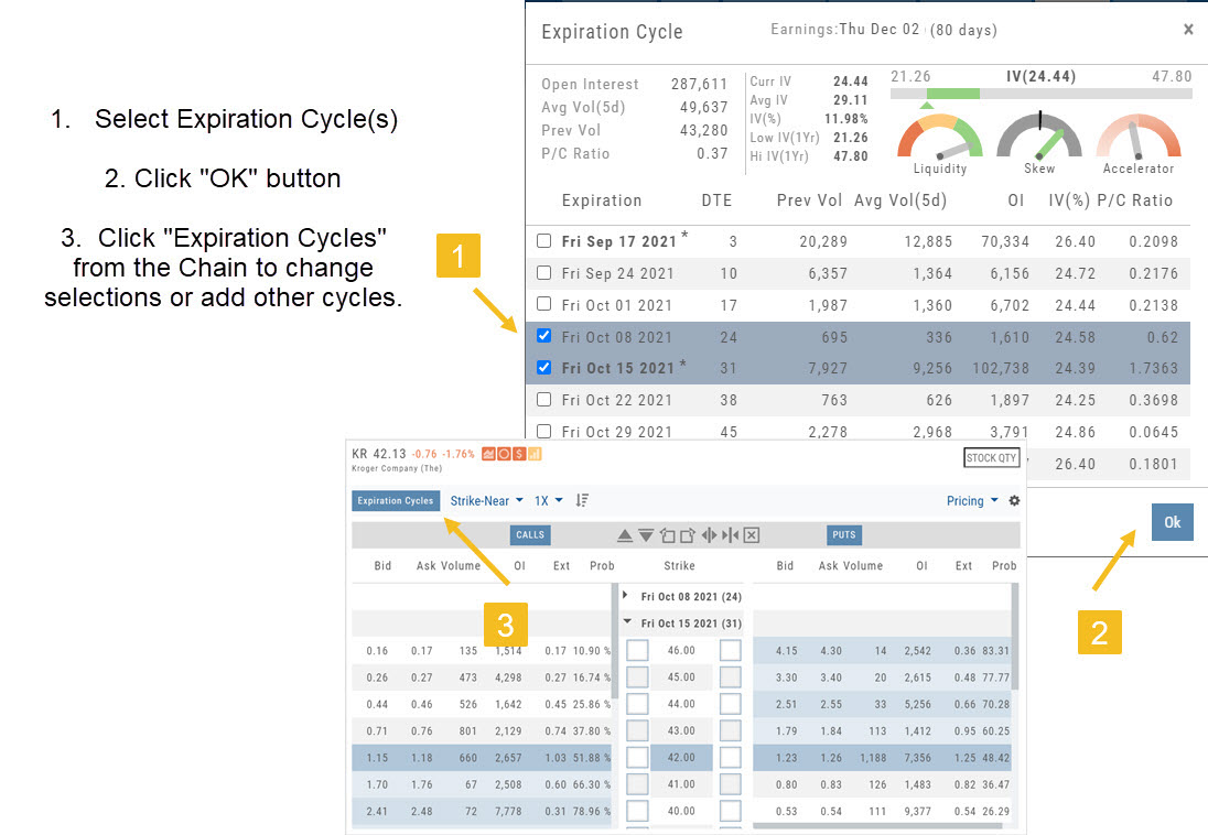 Steps beside the KR chain: 1 select expiration cycle(s), 2 click OK, 3 click Expiration Cycles on the chain to change selections; the chain then shows the two selected October cycles