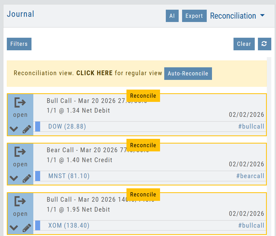 Journal Reconciliation view with the Auto-Reconcile button in the banner at the top and trades flagged Reconcile listed below