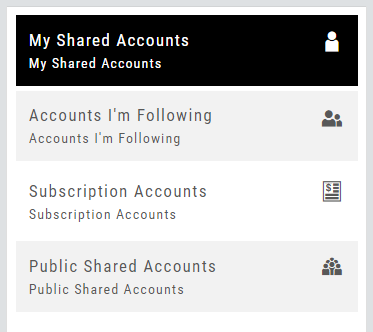 Shared accounts panel: My Shared Accounts, Accounts I’m Following, Subscription Accounts, Public Shared Accounts