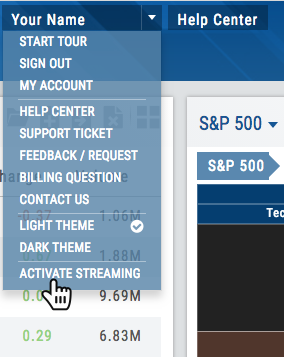 User menu open with Activate Streaming at the bottom, below Start Tour, Sign Out, My Account, Help Center, Support Ticket, Feedback/Request, Billing Question, Contact Us, and the Light/Dark Theme choices