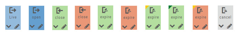 The Journal trade-status tabs side by side: Live (blue), open, close (green), expire (orange, with yellow and green corner flags), and cancel (gray), each with its expand chevron and edit pencil