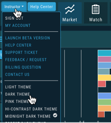 The user menu with five themes: Light Theme, Dark Theme, Pink Theme, Hi-Contrast Dark Theme, Midnight Dark Theme (checked)