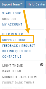 The user menu open with Support Ticket highlighted