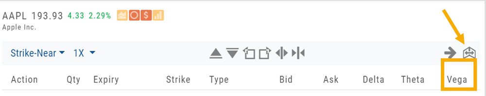 The option table header with the strategy-chart (P/L graph) icon highlighted at the right end of the toolbar; the visible columns run Action, Qty, Expiry, Strike, Type, Bid, Ask, Delta, Theta, Vega
