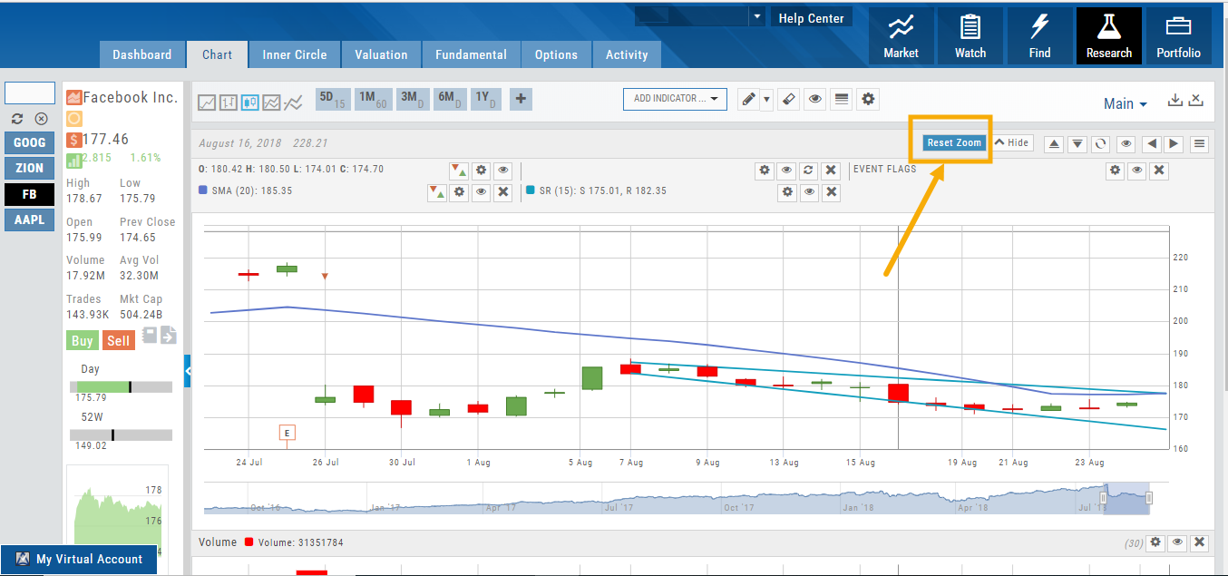 Facebook chart zoomed with the Reset Zoom button highlighted above the chart