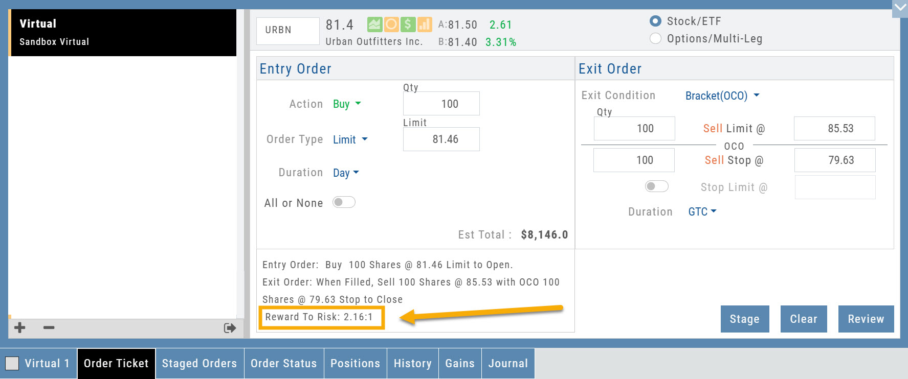 Order Ticket showing Reward To Risk: 2.16:1 beneath the order summary