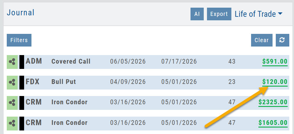 Journal Life of Trade view with an arrow pointing at the Gain/Loss value